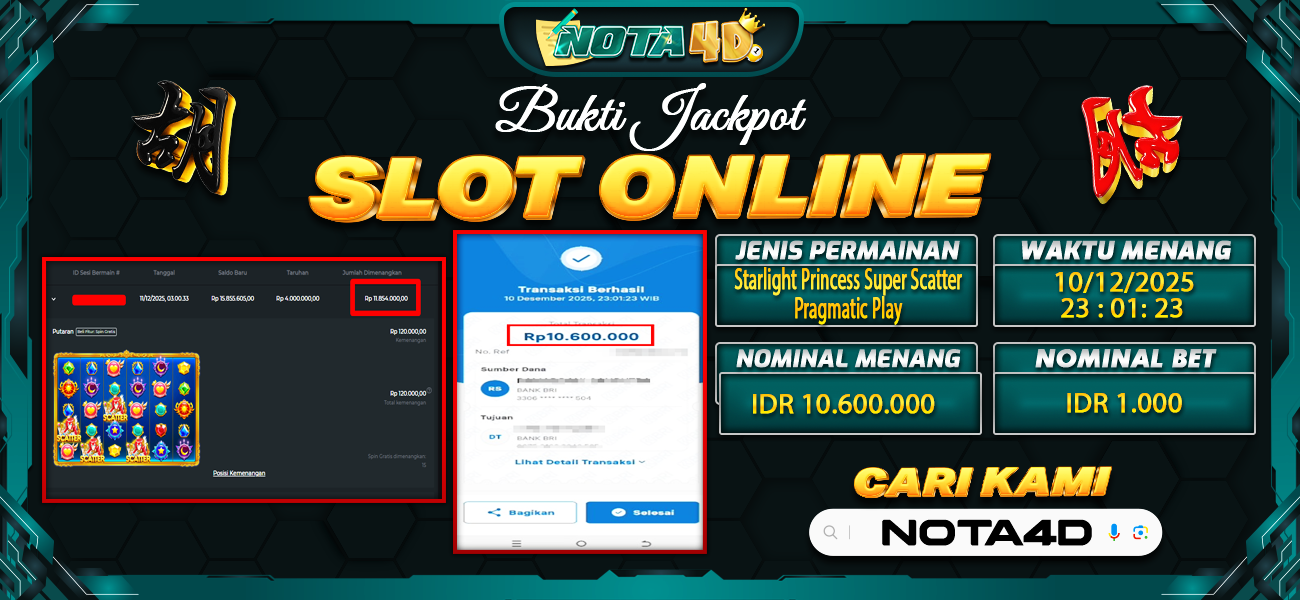 Bukti Kemenangan Besar Dibayar lunas Member NOTA4D RP 10.600.000, 11 Desember 2025