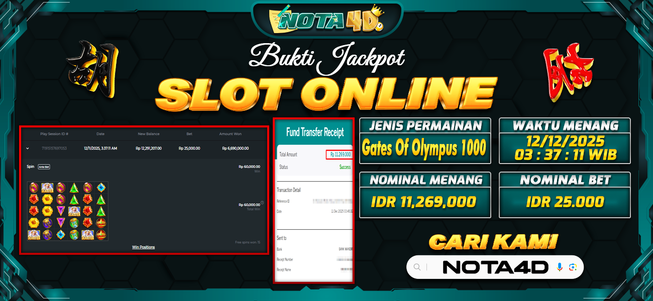 Bukti Kemenangan Besar Dibayar lunas Member NOTA4D RP 11.269.000, 12 Desember 2025