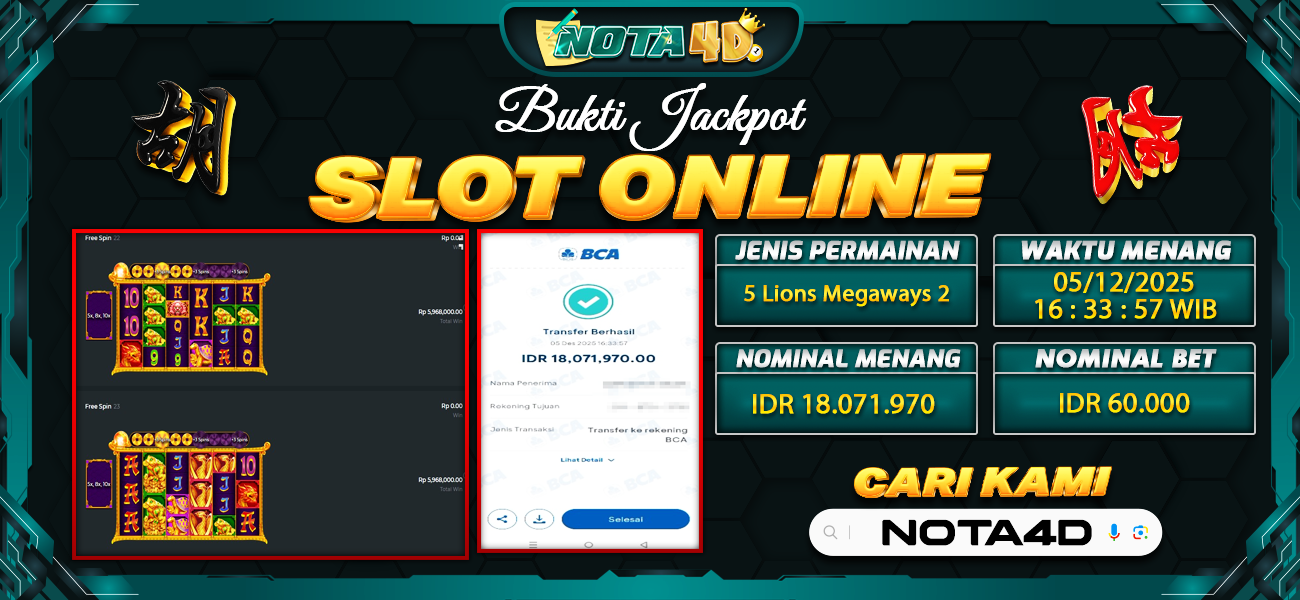 Bukti Kemenangan Besar Dibayar lunas Member NOTA4D RP 18.071.970, 5 Desember 2025