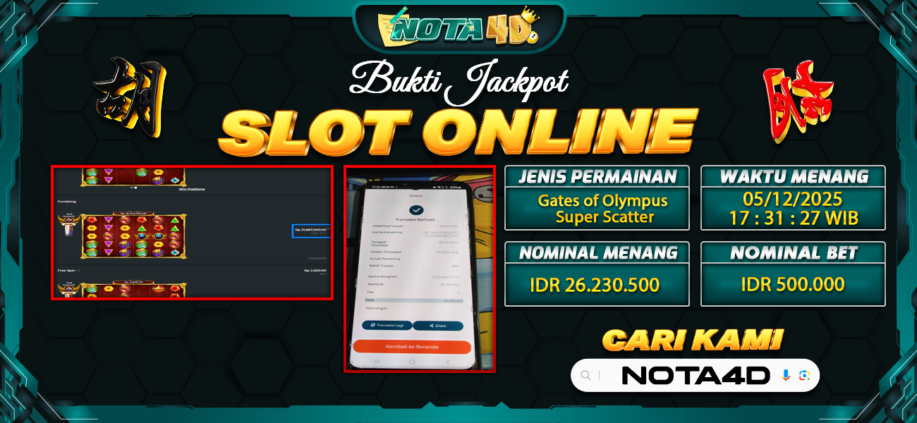 Bukti Kemenangan Besar Dibayar lunas Member NOTA4D RP 26.230.500, 5 Desember 2025