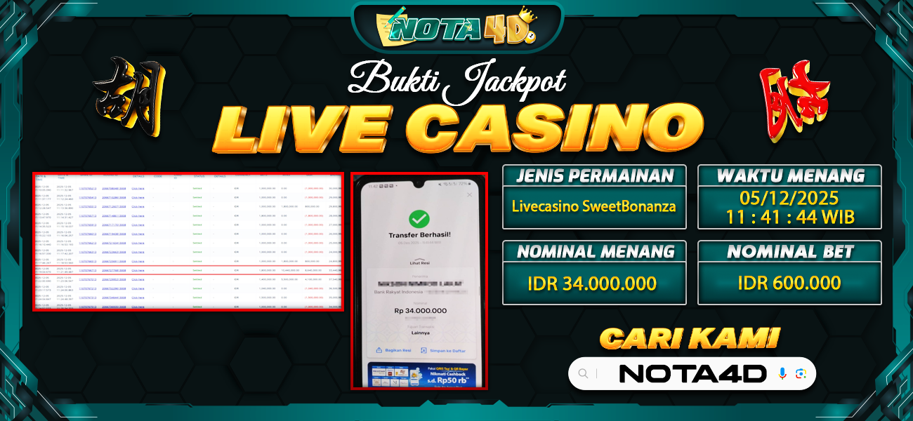 Bukti Kemenangan Besar Dibayar lunas Member NOTA4D RP 34.000.000, 5 Desember 2025