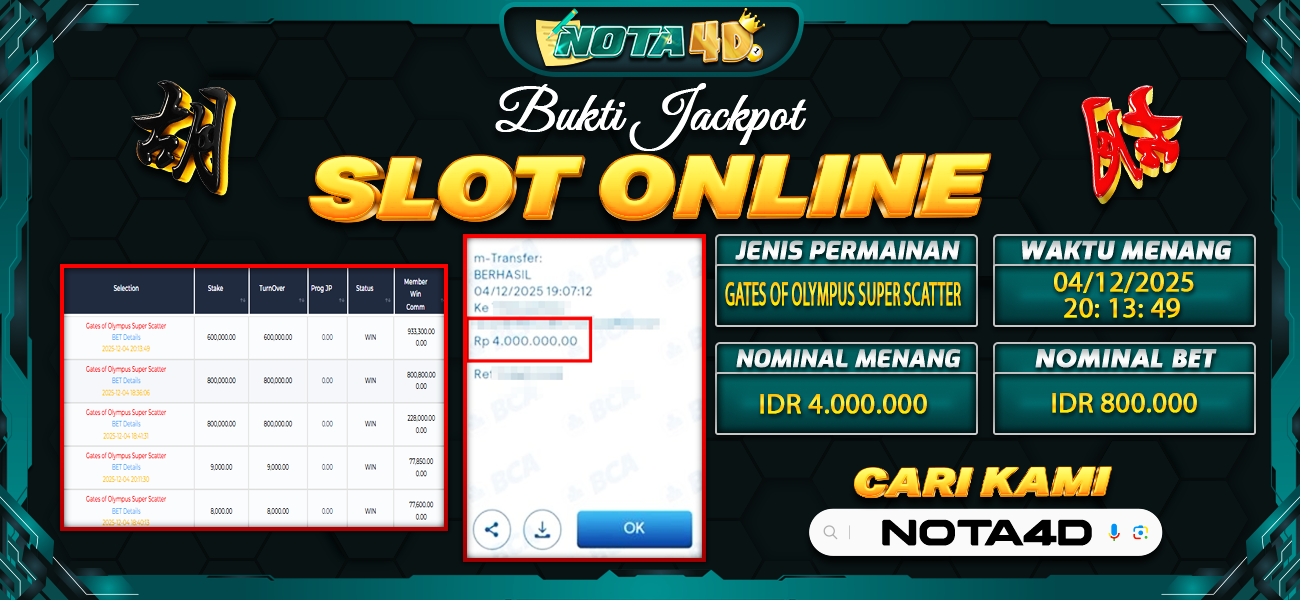 Bukti Kemenangan Besar Dibayar lunas Member NOTA4D RP 4.000.000, 5 Desember 2025