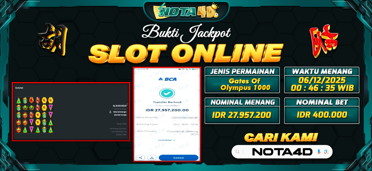 Bukti Kemenangan Besar Dibayar lunas Member NOTA4D RP 27.957.200, 6 Desember 2025