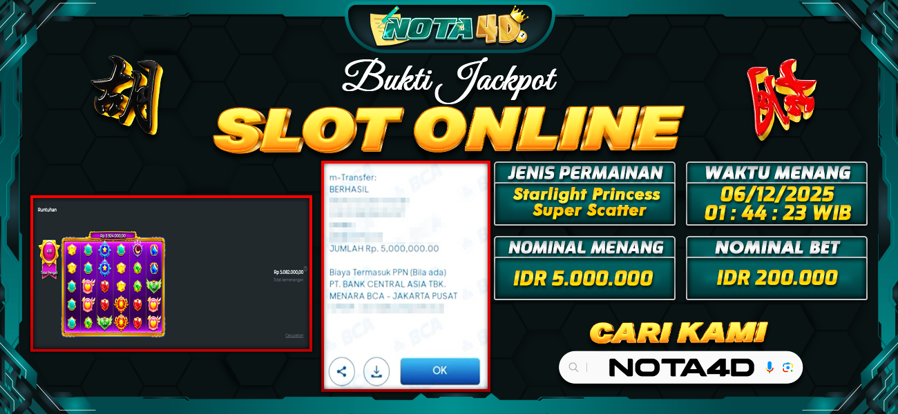 Bukti Kemenangan Besar Dibayar lunas Member NOTA4D RP 5.000.000, 6 Desember 2025