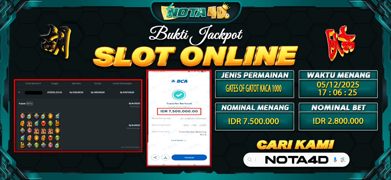 Bukti Kemenangan Besar Dibayar lunas Member NOTA4D RP 7.500.000, 6 Desember 2025