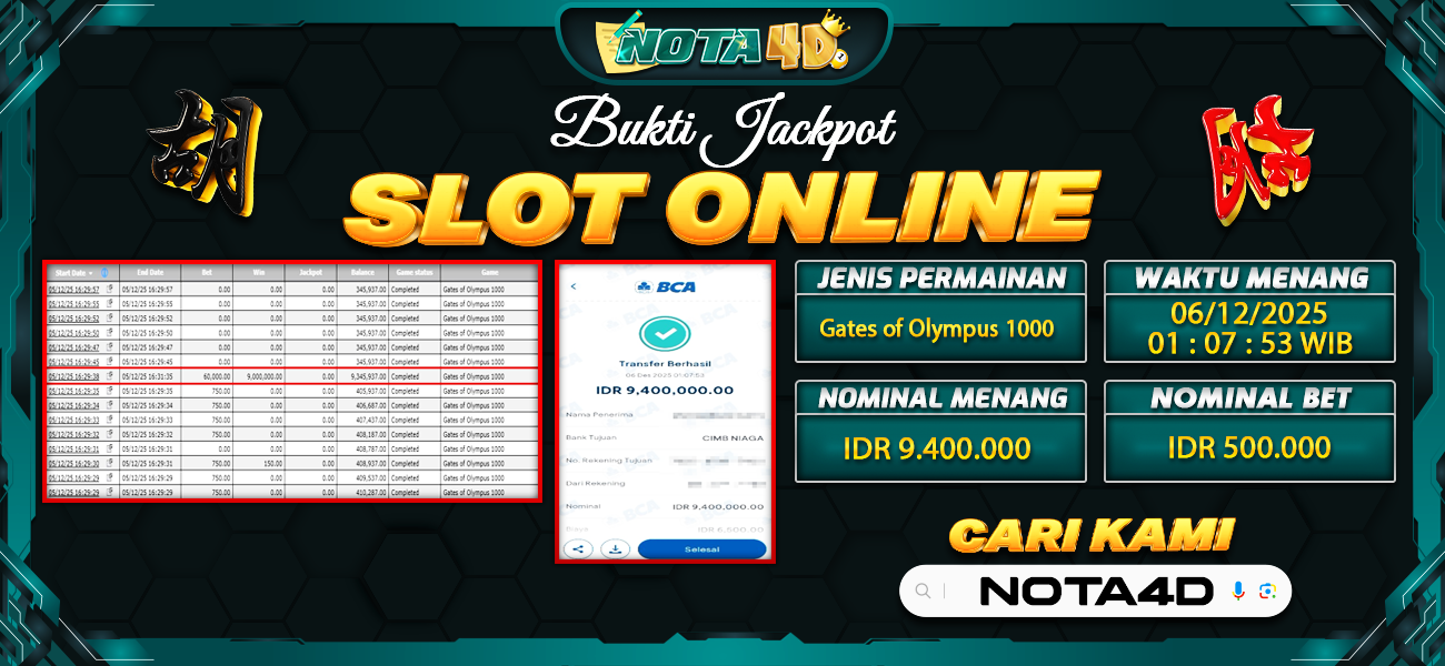 Bukti Kemenangan Besar Dibayar lunas Member NOTA4D RP 9.400.000, 6 Desember 2025