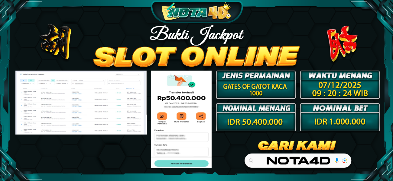 Bukti Kemenangan Besar Dibayar lunas Member NOTA4D RP 50.400.000, 7 Desember 2025