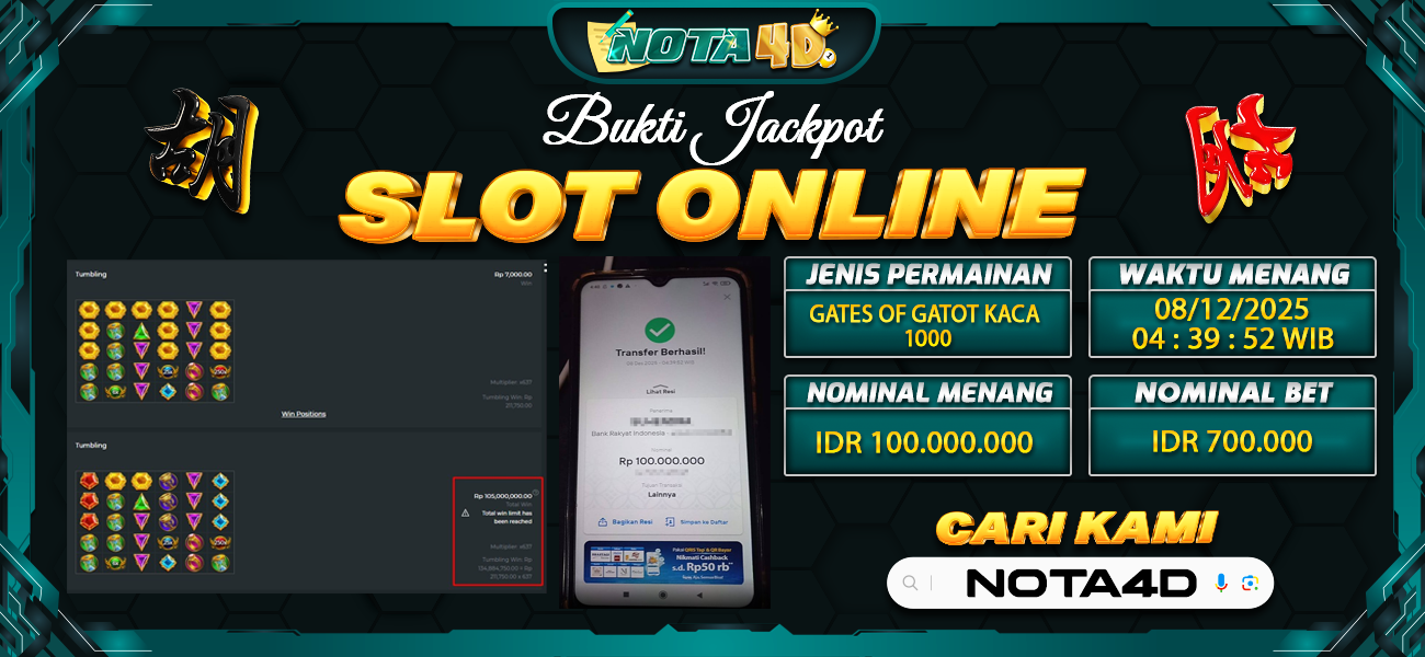 Bukti Kemenangan Besar Dibayar lunas Member NOTA4D RP 100.000.000, 8 Desember 2025