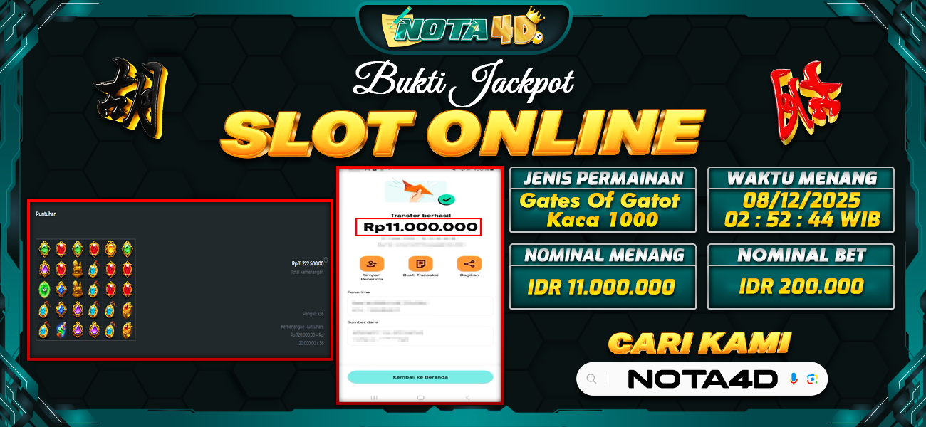 Bukti Kemenangan Besar Dibayar lunas Member NOTA4D RP 11.000.000, 8 Desember 2025