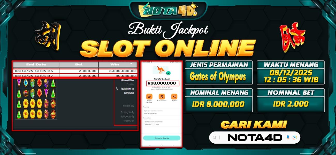 Bukti Kemenangan Besar Dibayar lunas Member NOTA4D RP 8.000.000, 8 Desember 2025