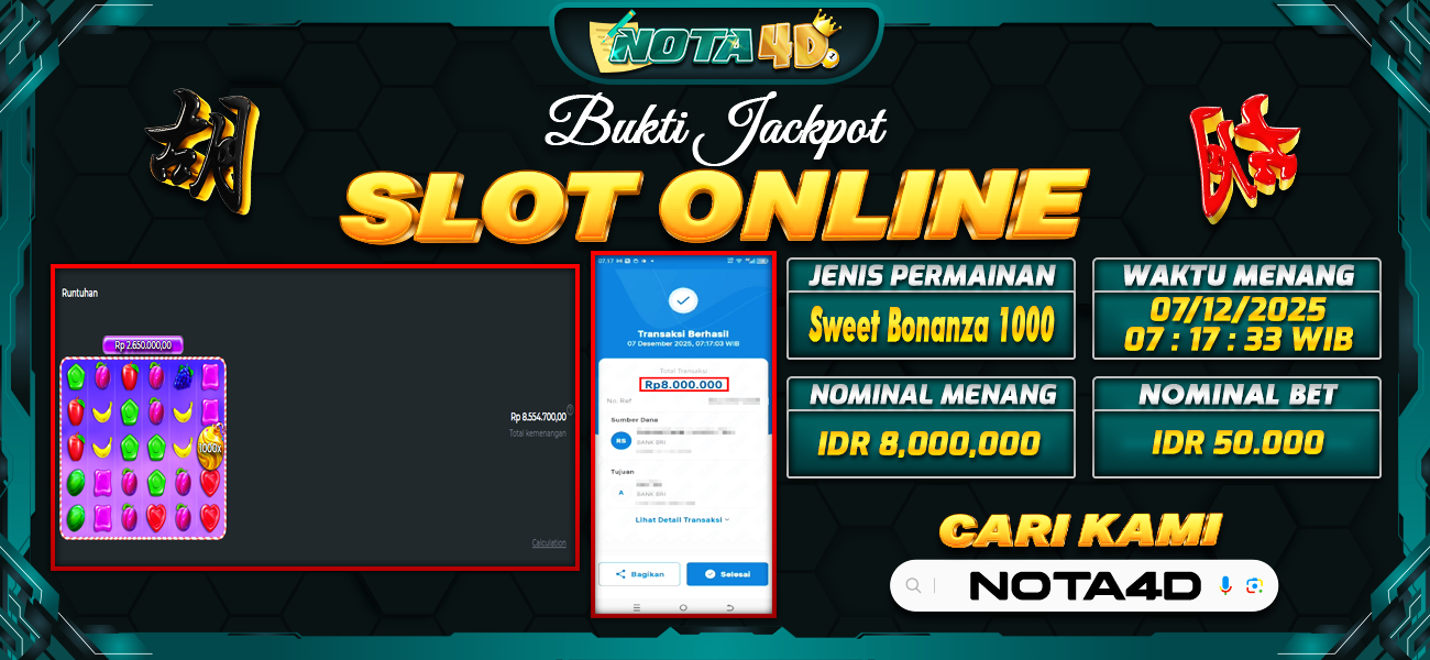 Bukti Kemenangan Besar Dibayar lunas Member NOTA4D RP 8.000.000, 8 Desember 2025