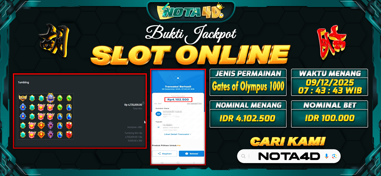 Bukti Kemenangan Besar Dibayar lunas Member NOTA4D RP 4.102.500, 9 Desember 2025