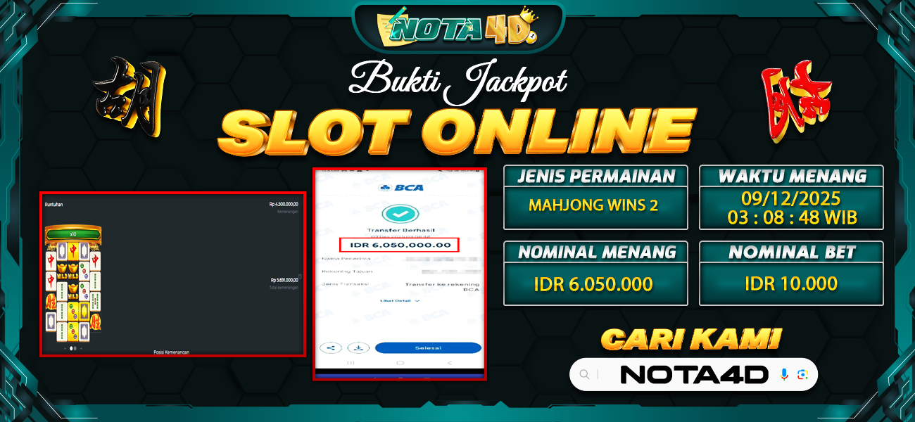 Bukti Kemenangan Besar Dibayar lunas Member NOTA4D RP 6.050.000, 9 Desember 2025