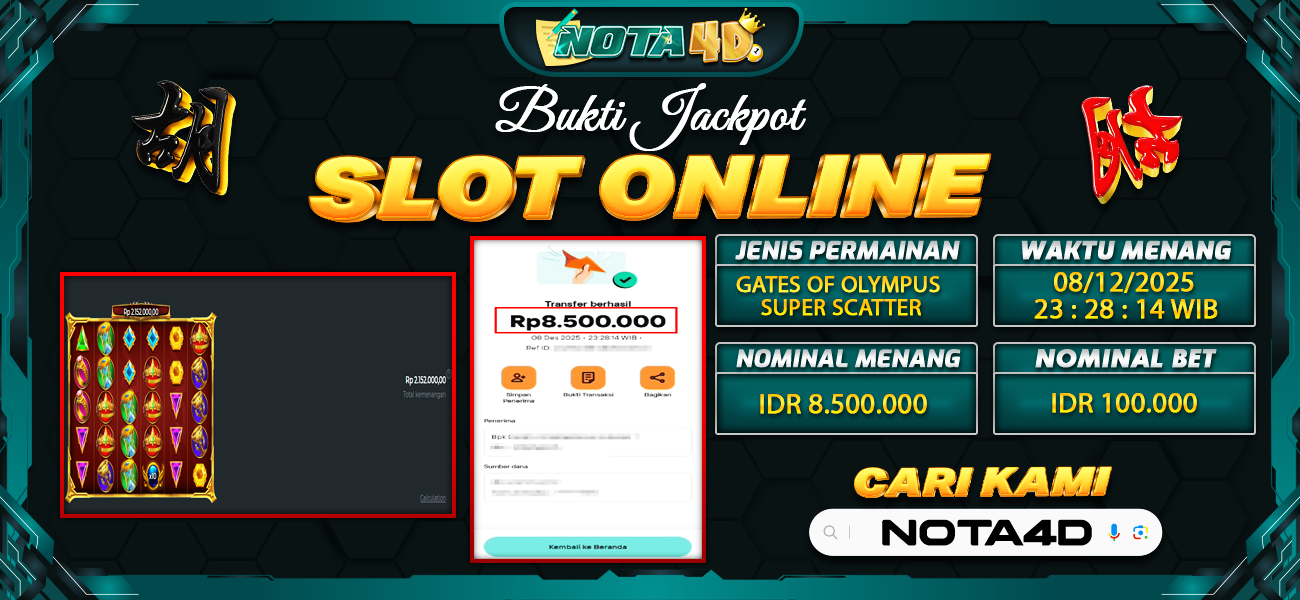 Bukti Kemenangan Besar Dibayar lunas Member NOTA4D RP 8.500.000, 9 Desember 2025